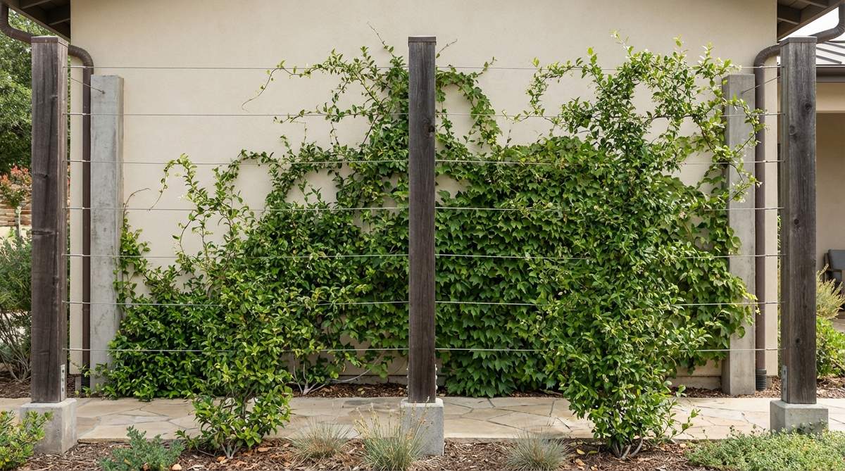 A minimalist vertical cable system made of stainless steel cables stretched between supports, creating an invisible climbing structure for plants in modern garden decor. The thin cables allow plant foliage to dominate visually while providing sturdy support for green walls and climbing vegetation.