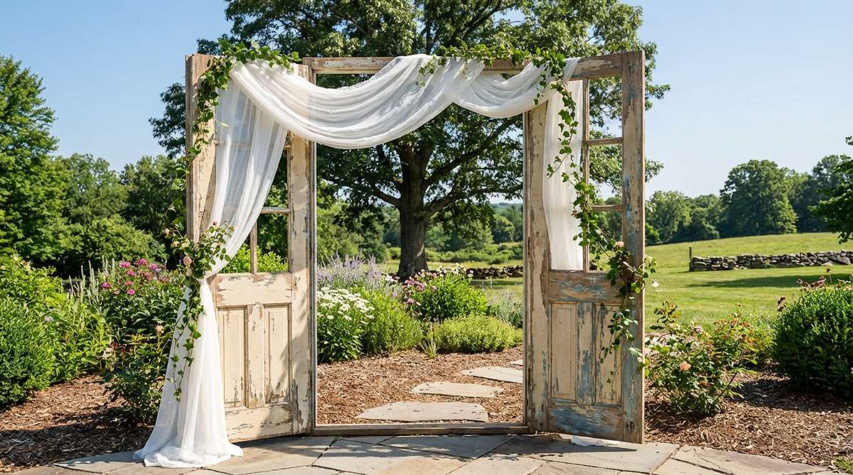 A freestanding antique door frame draped with sheer fabric or climbing vines, creating an architectural photo element for boho decorations party. Features weathered doors with peeling paint or natural wood patina, positioned to frame desirable background views and draw attention to subjects.