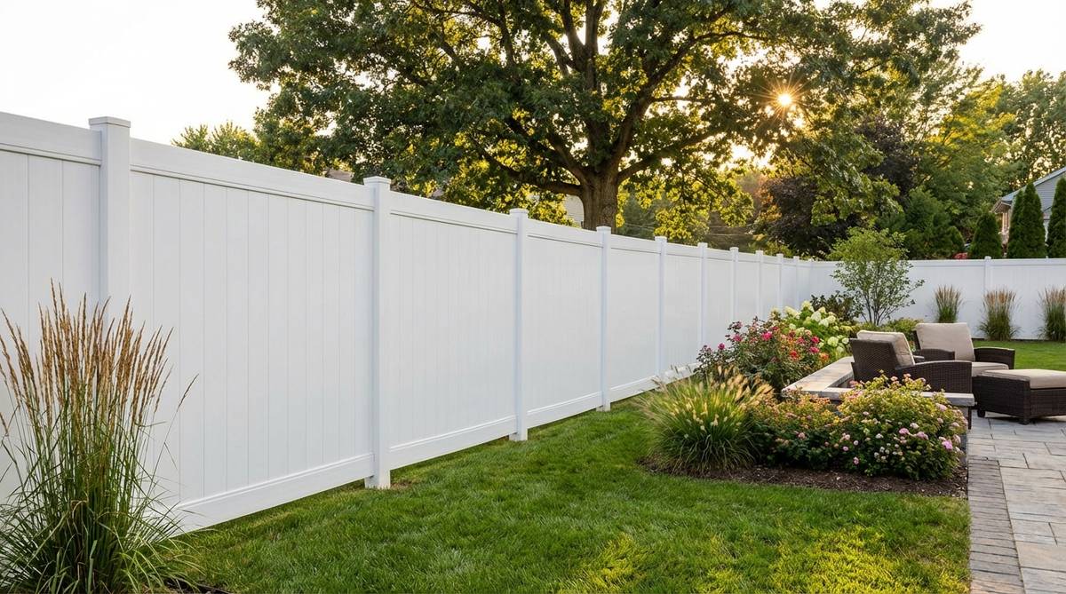 Modern vinyl privacy fence panels with reinforced hollow construction for wind resistance, UV-resistant color retention, and minimal maintenance requirements. Shows proper installation with correct post spacing and panel overlap to accommodate temperature expansion.