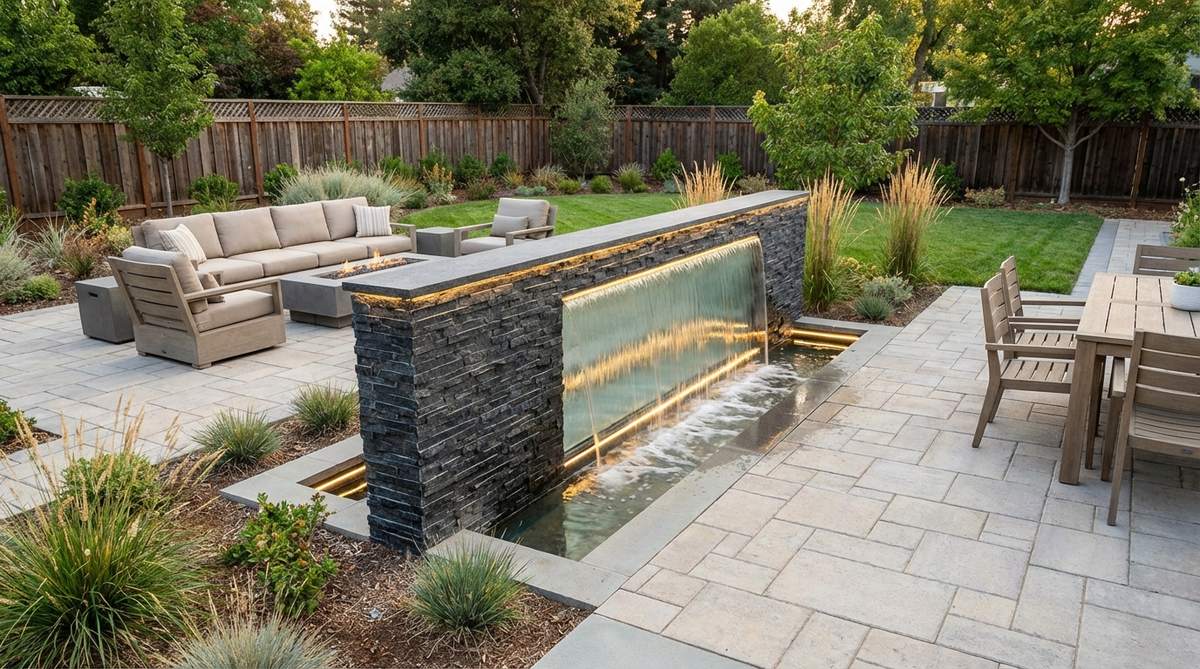 A modern linear fountain or water wall measuring 8-12 feet long installed as a sensory divider between patio zones. The water feature creates psychological separation with its sound and movement while maintaining open sight lines. LED lighting integrated within the fountain provides evening ambiance, and the moving water helps reduce perceived temperature in the immediate area.