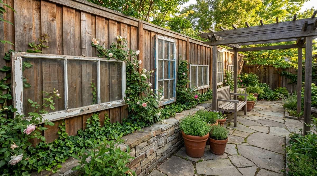 Salvaged window frames mounted on fences or walls as rustic architectural elements for outdoor decor. Features repurposed window sashes with glass panes or open frames, hung vertically or horizontally to create visual interest on blank surfaces. The weathered paint adds color history and references domestic architecture in garden settings.