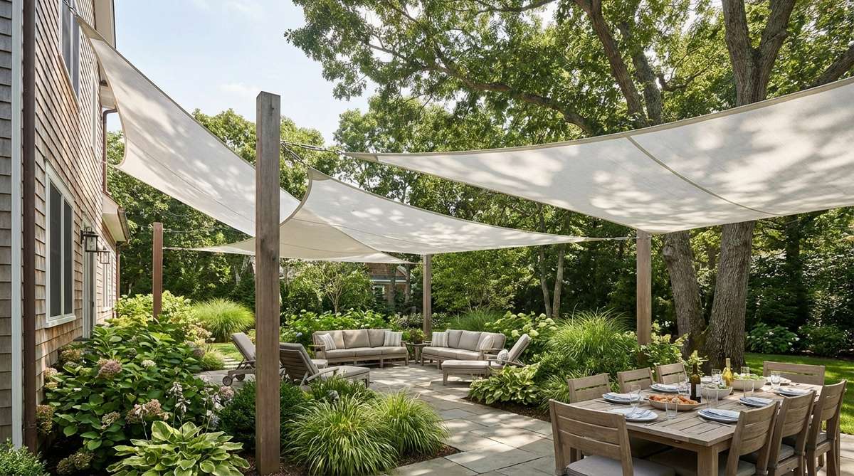 Triangular or rectangular white sail shade canopies stretched between anchor points, creating dramatic overhead protection with UV-blocking marine-grade fabric. These removable outdoor shade solutions mimic yacht sails and can be installed using stainless steel hardware on posts, buildings, or trees for summer decor.