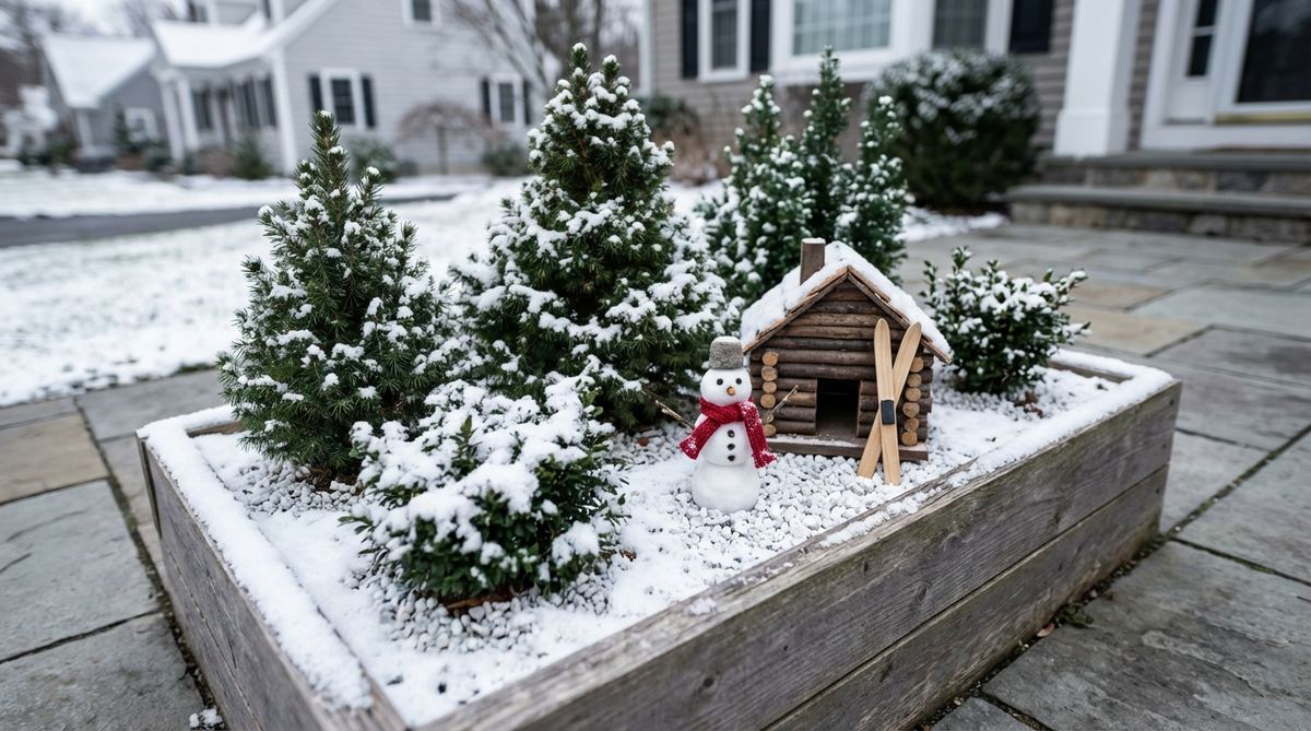 A serene mini garden scene depicting a winter wonderland with snow-dusted evergreen plants, a miniature snowman, and tiny skis against a cabin, using white gravel or sand to simulate snow. Ideal for maintaining garden interest during colder months with a monochromatic palette that evokes calm.
