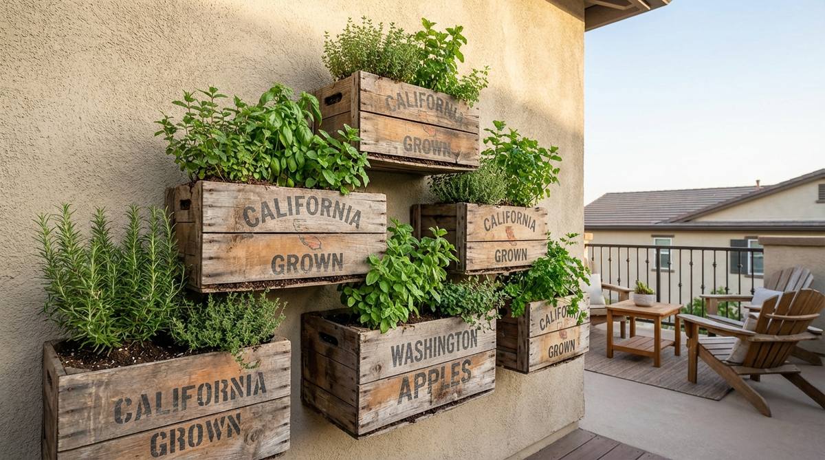 Vintage wooden fruit crates mounted on a balcony wall as rustic planters, filled with herbs and arranged in a pyramid pattern. The weathered wood creates a charming rustic display perfect for small-space gardening.