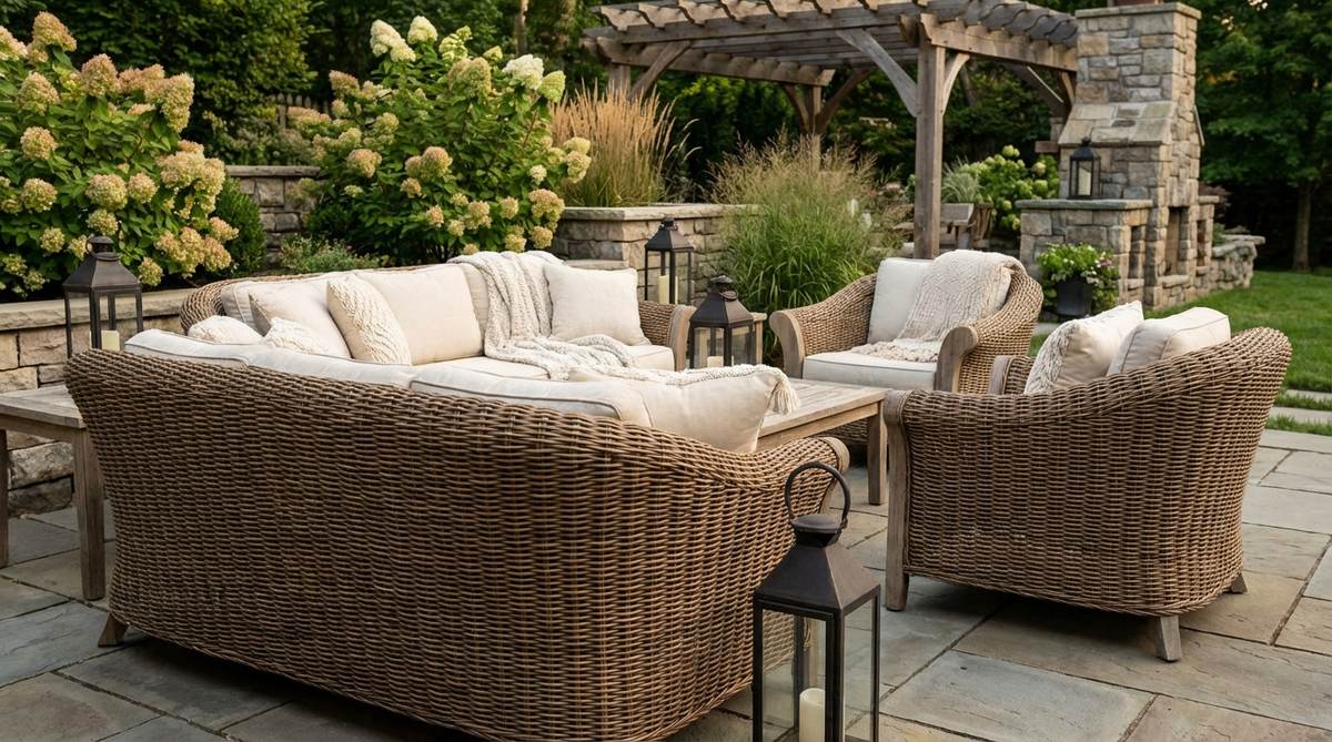 A close-up photograph showcasing the intricate woven textures of rattan, wicker, or rope furniture in a cozy garden setting. The image highlights how these organic textures soften metal and wood elements, with synthetic wicker demonstrating weather-resistant durability while maintaining natural aesthetics. Curved woven forms create inviting seating arrangements with deep seats and angled backs designed for extended relaxation.
