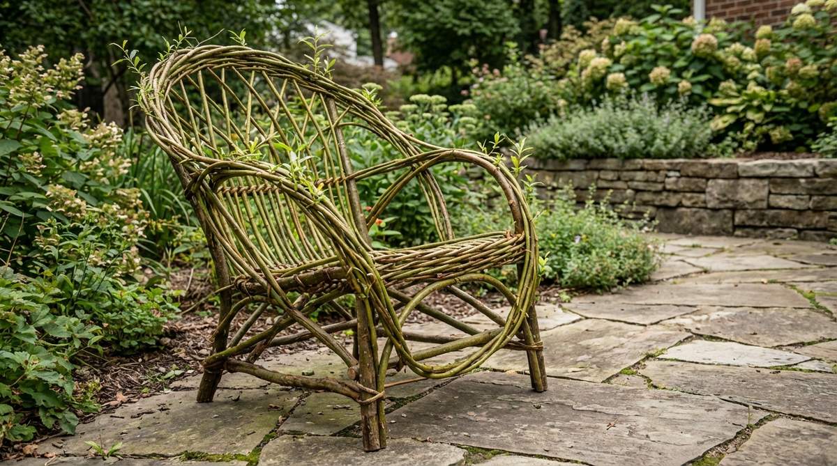 A rustic garden chair made from woven living willow branches, showcasing organic construction with flexible seating that grows seasonally. The natural chair frame demonstrates sustainable furniture creation with minimal tools.