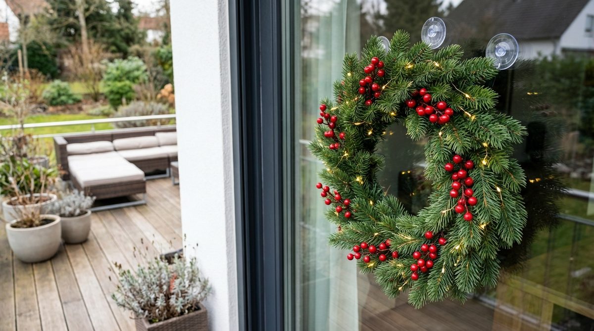 A classic Christmas wreath with evergreen branches and red berries, mounted on the exterior glass surface of a balcony-facing window using suction cup hangers. The wreath is proportioned to window size with battery-operated lights woven through its branches, creating a festive focal point for balcony decor.