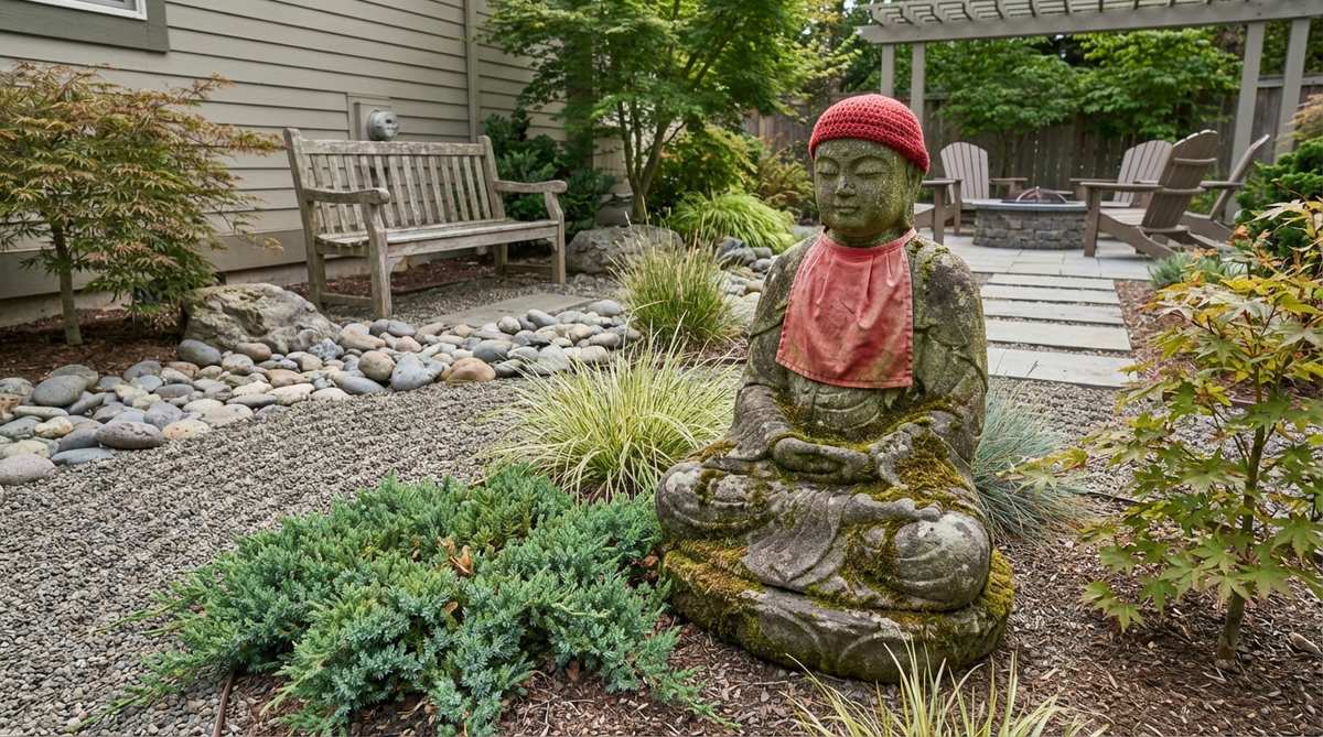 A stone Jizo bodhisattva statue in a Zen garden, wearing traditional red bibs and caps, with weathered features and moss growth that enhance its ancient character. The statue's simple monk's robes and peaceful expression symbolize protection for travelers and children, compassion for all beings, and community support when grouped with other figures.