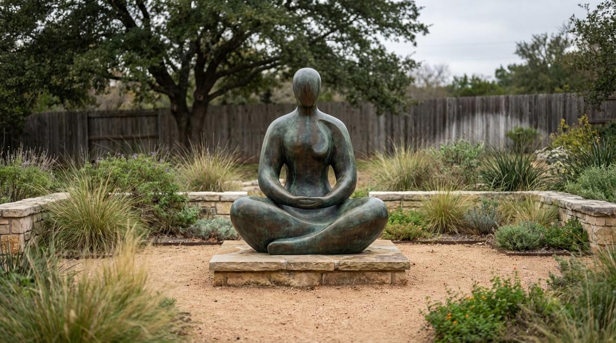 A minimalist bronze sculpture depicting a meditative figure through essential curves and volumes. This abstract piece bridges traditional Buddha imagery with contemporary aesthetics, featuring rich patina development that enhances sculptural depth over time.