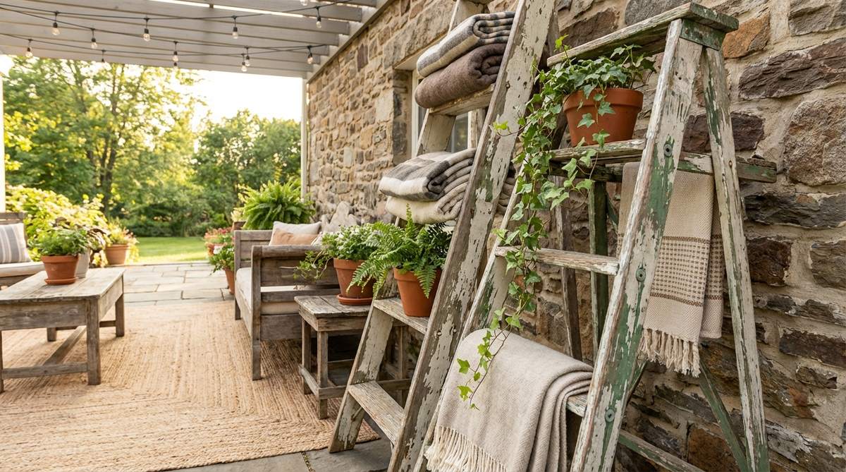 A repurposed vintage wooden ladder used as leaning shelving for blankets, plants, or towels in an earthy boho decor setting. The weathered wood and paint remnants add aged character, providing vertical storage and sculptural decor in bathrooms or living rooms.