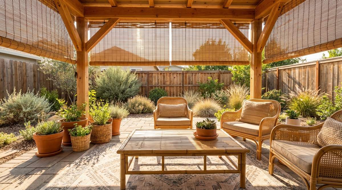 A boho-style interior featuring bamboo furniture, cane-backed chairs, and bamboo blinds, showcasing linear textures and sustainable materials with rhythmic woven patterns for visual interest.