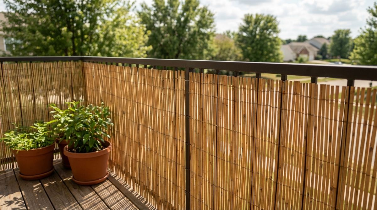 Natural bamboo fencing rolls installed on a balcony railing, showing vertical slats that filter views while allowing air circulation. The screens are treated with UV protectant and can be installed horizontally or vertically for privacy or contemporary styling.