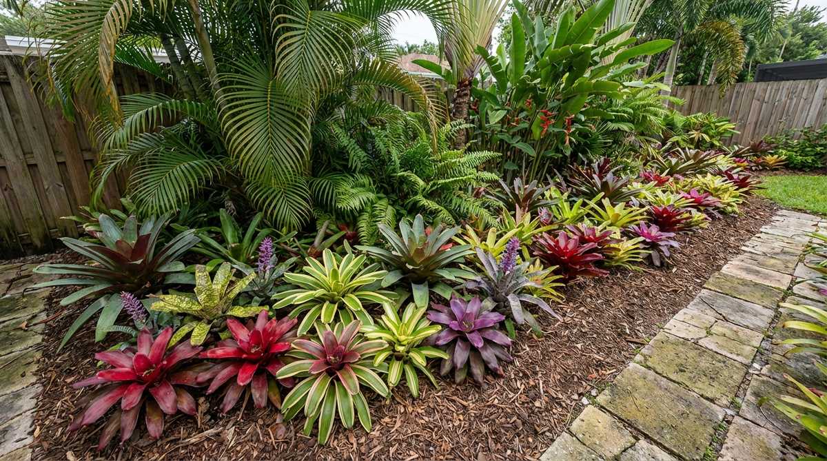 A vibrant cluster of bromeliads planted as a ground-level color band beneath taller tropical plants in a garden. The image showcases the rosette forms and bold foliage patterns of varieties like Alcantara, Neoregelia, and Aechmea, illustrating how they add year-round visual interest with minimal care requirements.