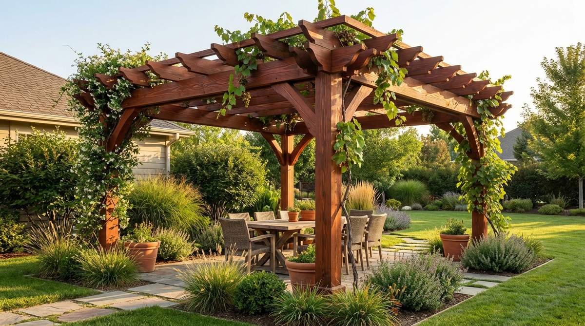 A wooden pergola stained in burnt sienna, showcasing deep reddish-brown tones that enhance the natural wood grain. This overhead structure adds warmth and a tropical-bohemian atmosphere, perfect for pairing with climbing plants like jasmine or grape vines in afro boho decor settings.