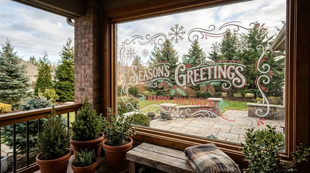 Custom holiday artwork created with removable chalk markers on a window glass, featuring snowflakes, greetings, and decorative borders that can be easily cleaned. Perfect for balcony decor Christmas themes, offering customizable and vibrant designs without permanent installation.
