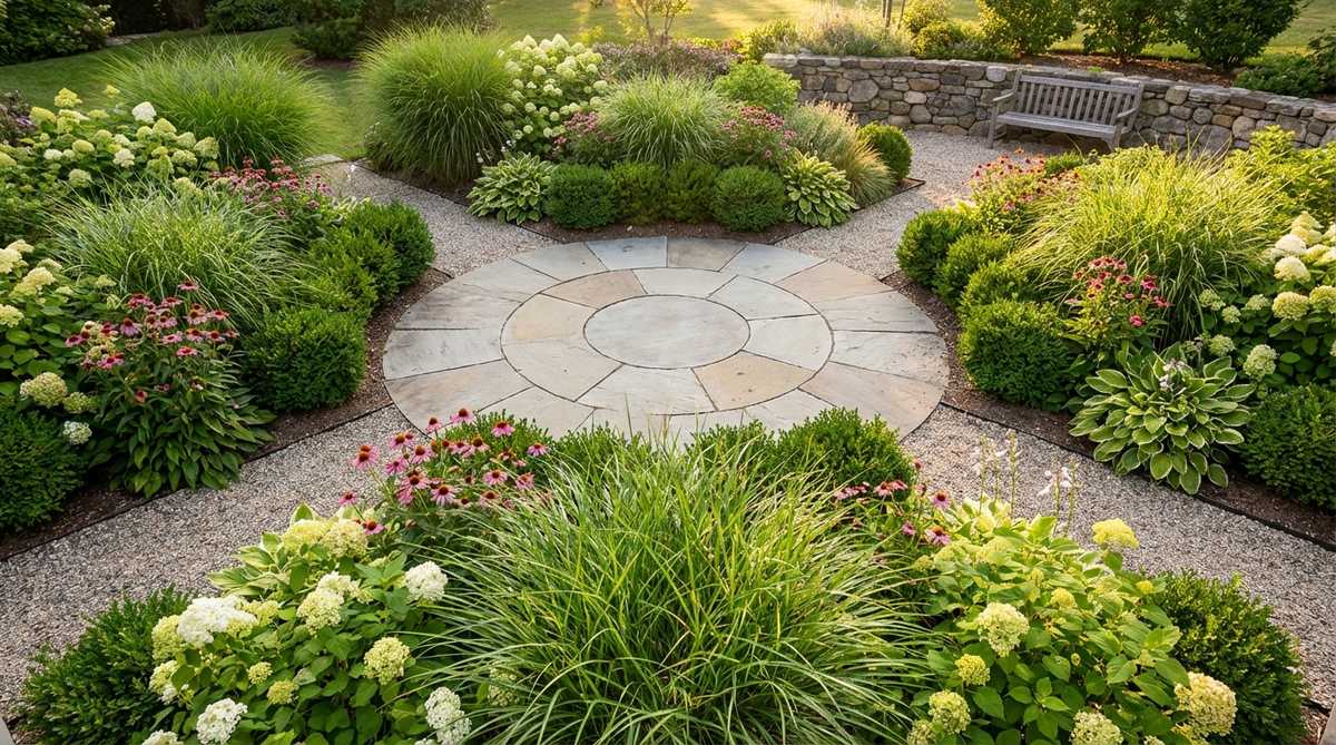 A circular lawn or paved area in the center of a small garden space, completely surrounded by planted borders. This design creates 350-degree garden views from the central position with multiple circulation paths for improved traffic flow during gatherings.