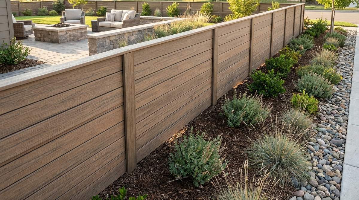 A modern garden fence made with co-extruded composite materials, featuring a protective polymer cap layer that enhances durability and resistance to moisture, stains, and fading.