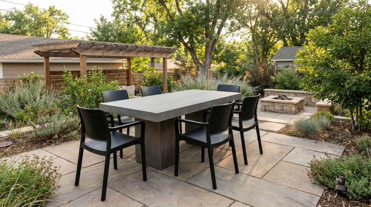A modern outdoor dining set featuring a durable concrete table with sleek geometric design, paired with lightweight resin or metal chairs. Ideal for small gardens, this weather-resistant set requires minimal maintenance and provides a permanent, stable dining solution.