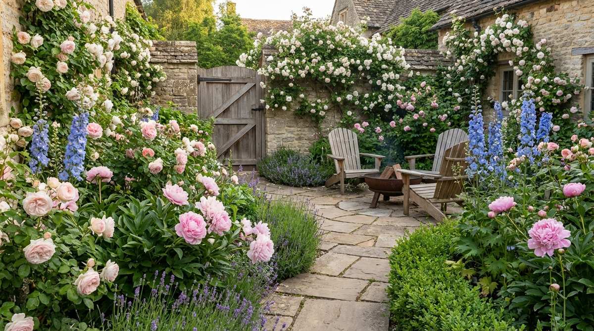 A romantic cottage garden courtyard featuring abundant flowering plants in layered arrangements, including roses, peonies, and delphiniums with climbing varieties on walls. This informal garden design creates seasonal succession of bloom and softens architectural boundaries through dense planting.