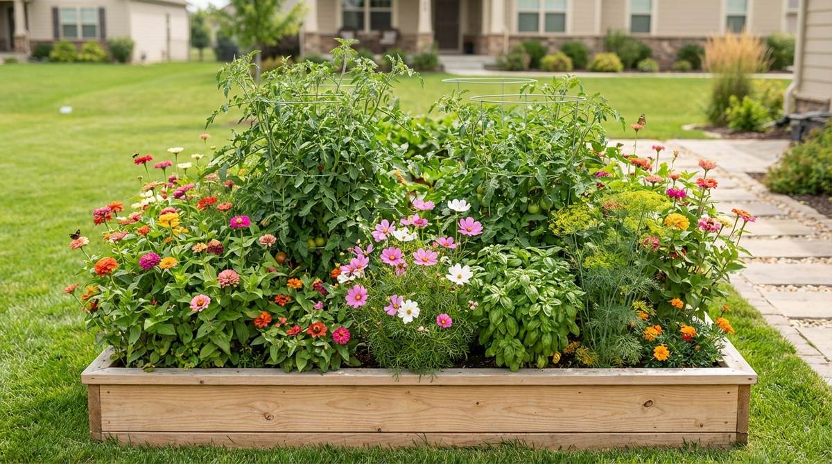 A vibrant raised garden bed featuring tall tomato plants caged in the center, surrounded by colorful zinnias, cosmos, basil, and dill. This companion planting design combines cut flowers and vegetables, attracting pollinators and providing both decorative bouquets and fresh produce from a compact space.