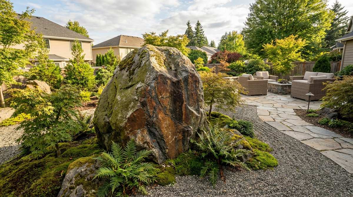 A single exceptional boulder serving as a primary focal point in a Japanese garden, featuring remarkable color, shape, or geological characteristics. The stone is partially buried for stability and presence, oriented to showcase its most interesting face towards the main viewing area, with ample surrounding space to enhance its prominence and prevent crowding.