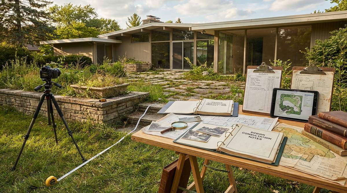 A detailed photograph showing the process of documenting original features in a mid-century modern garden restoration project, including archival research materials and consultation with design specialists.