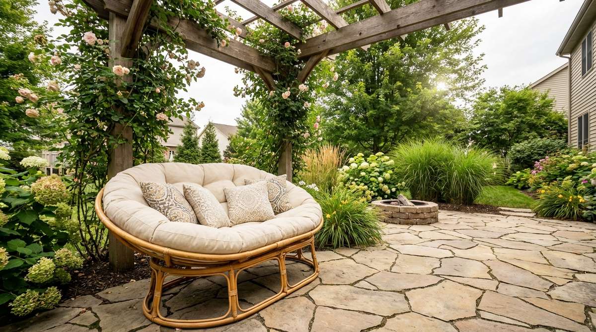An oversized double papasan chair with rattan frame and outdoor cushions, providing shared seating for two people in garden or patio settings. The bohemian-style furniture offers enveloping comfort and creates intimate conversation spaces in outdoor living areas.