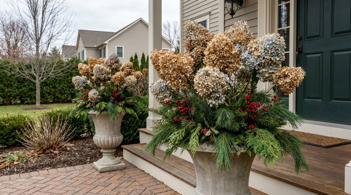 Dried hydrangea arrangements combined with fresh evergreen branches and berries in outdoor urns or window boxes for Christmas decor. The preserved summer blooms add unique texture and faded tones that complement traditional holiday greenery.