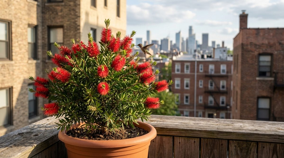 A compact dwarf bottlebrush plant with vibrant red bottlebrush-shaped flowers growing in an urban balcony container. The evergreen foliage provides year-round structure while the flexible branches withstand balcony winds. Hummingbirds are attracted to the nectar-rich blooms in sunny to partially shaded conditions.