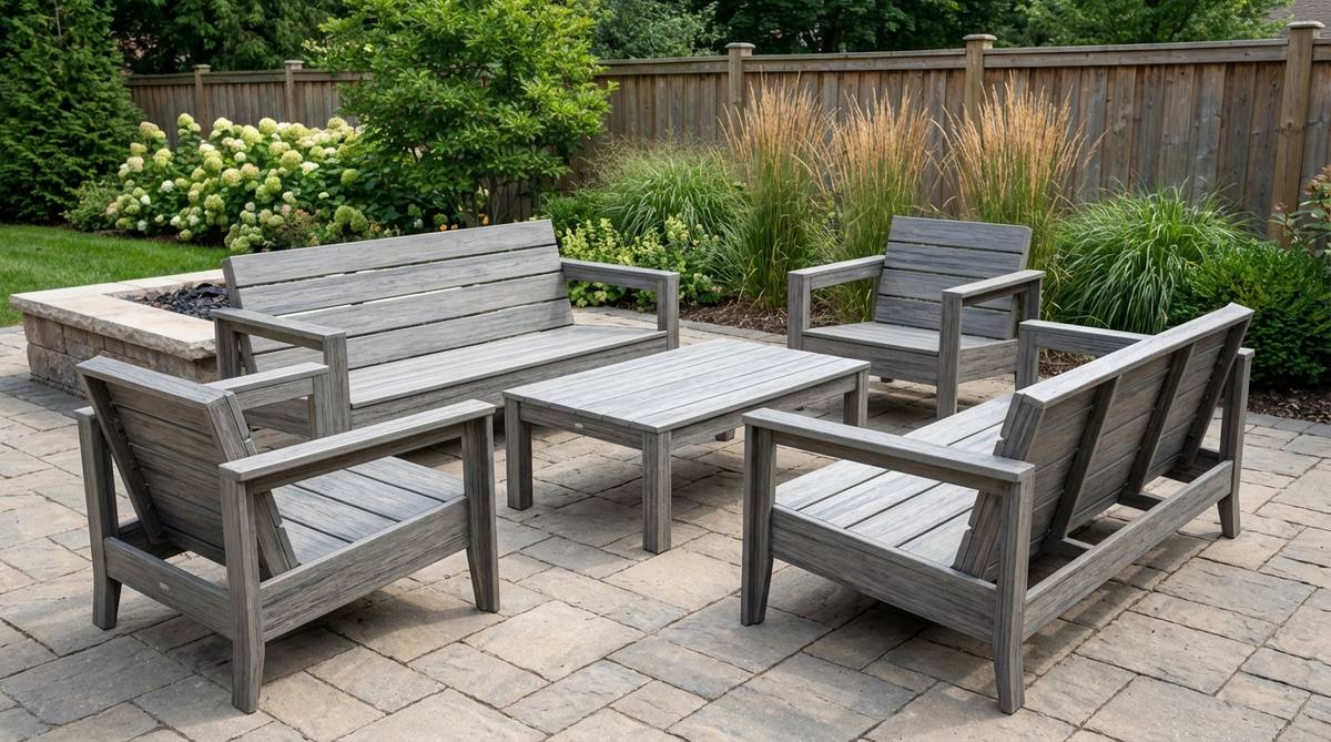 A modern garden furniture set made from eco-composite material that blends recycled wood fiber and recycled plastic, featuring a realistic wood grain appearance. The durable, zero-maintenance furniture won't crack, splinter, or fade, with contoured seats for comfort. Available in driftwood, walnut, and weathered gray tones, it's resistant to moisture, insects, and temperature extremes.