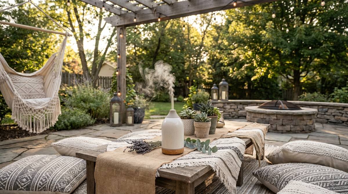 An ultrasonic essential oil diffuser placed in a boho-style party setting, emitting subtle fragrances like lavender or eucalyptus to enhance the sensory experience with natural scents.