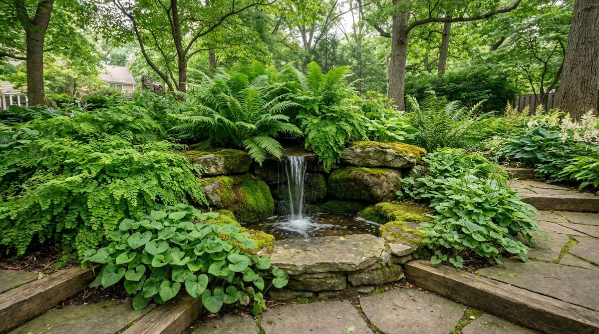 A naturalistic small garden fountain featuring water cascading from beneath lush ferns and moss-covered rocks, creating a serene woodland atmosphere. The design incorporates dense plantings of shade-loving species like maidenhair fern and wild ginger around the water source to conceal mechanical components and enhance the organic aesthetic.
