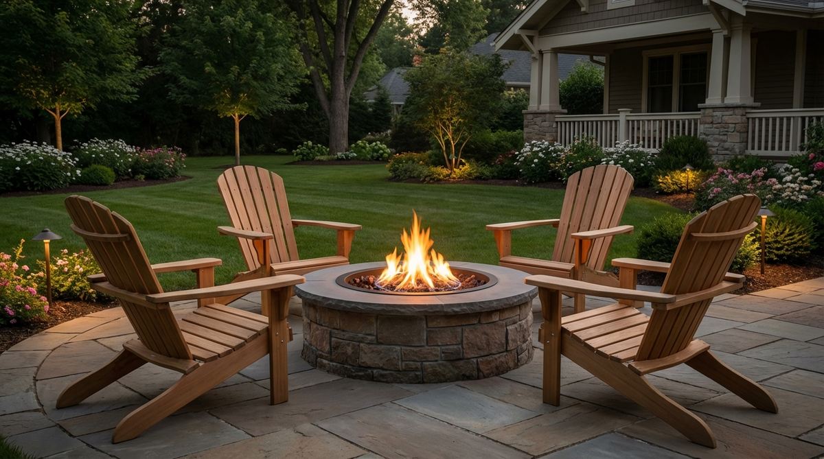 A gas-fueled fire pit surrounded by Adirondack chairs in a circular arrangement, providing light and warmth for cool spring evenings. The setup encourages conversation and is positioned 36 inches from the fire rim for safety and comfort, with portable gas models allowing flexible seasonal placement.