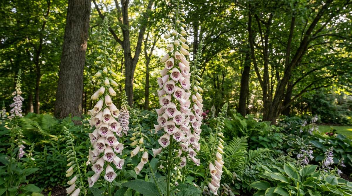 A tall foxglove plant with 4 to 6 foot flower stalks covered in tubular blooms, showcasing spotted interior markings that guide pollinators, thriving in partial shade beneath deciduous trees in a cottage garden setting.