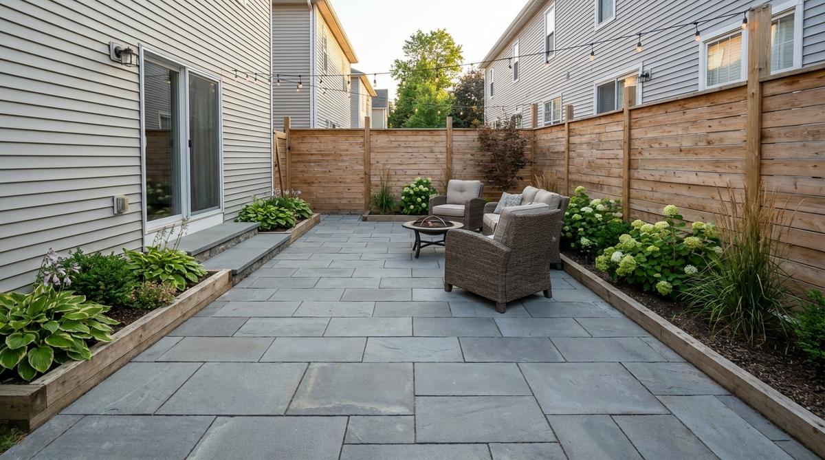 A garden patio design that spans the full width of a yard but extends only 6-8 feet deep, ideal for narrow urban lots. The layout maximizes usable space while preserving garden areas, with pavers or decking installed perpendicular to the house to accentuate the width.