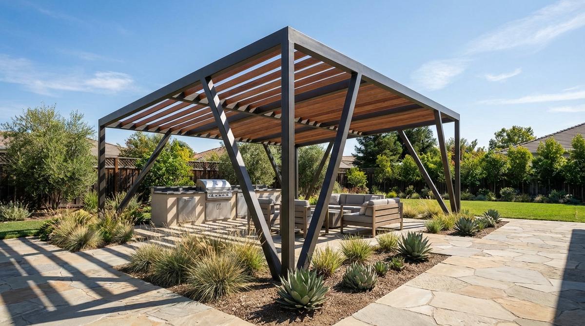 A contemporary geometric pergola frame with clean-lined beams and rafters creating precise patterns against the sky, providing partial shade while maintaining visual lightness in a modern garden decor setting.