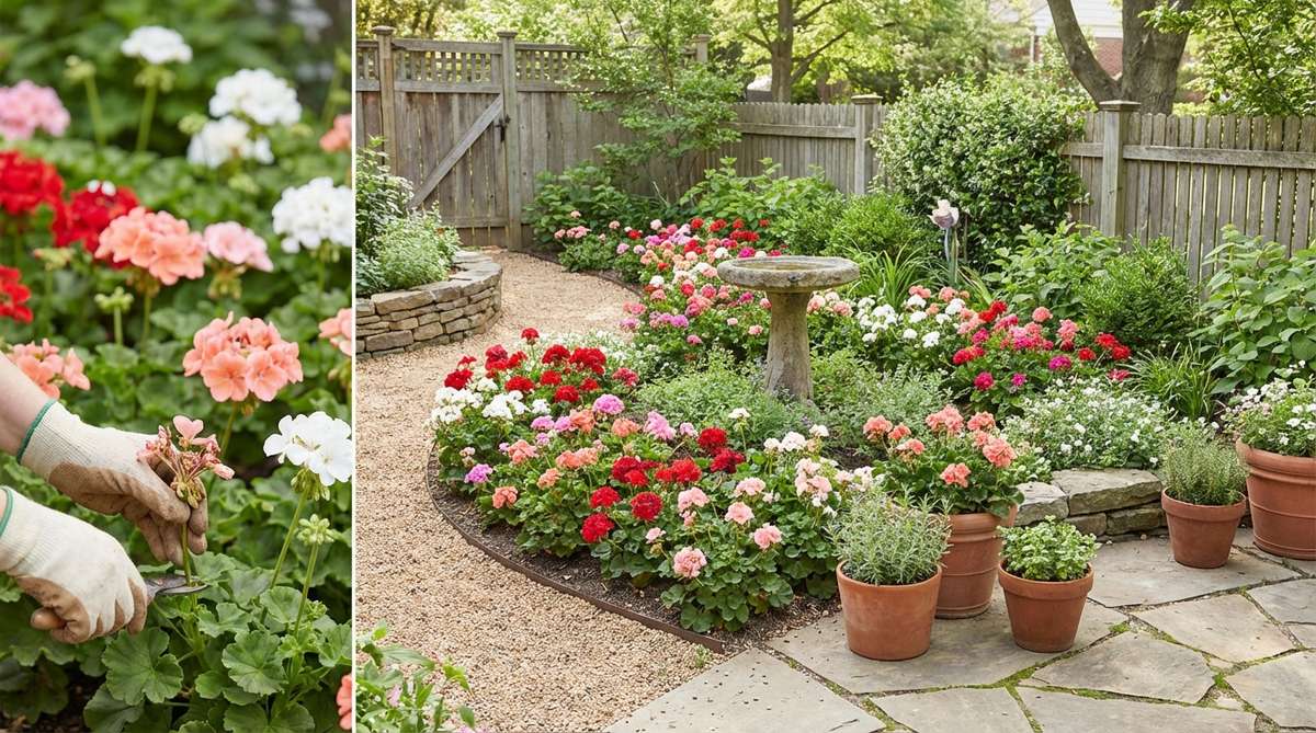 A vibrant annual geranium (pelargonium) with bold flower clusters in red, pink, salmon, or white, blooming continuously from spring through frost in full sun. Compact variety reaching 10-14 inches tall, ideal for small gardens. Image shows healthy foliage and spent blooms being deadheaded to encourage continued flowering.