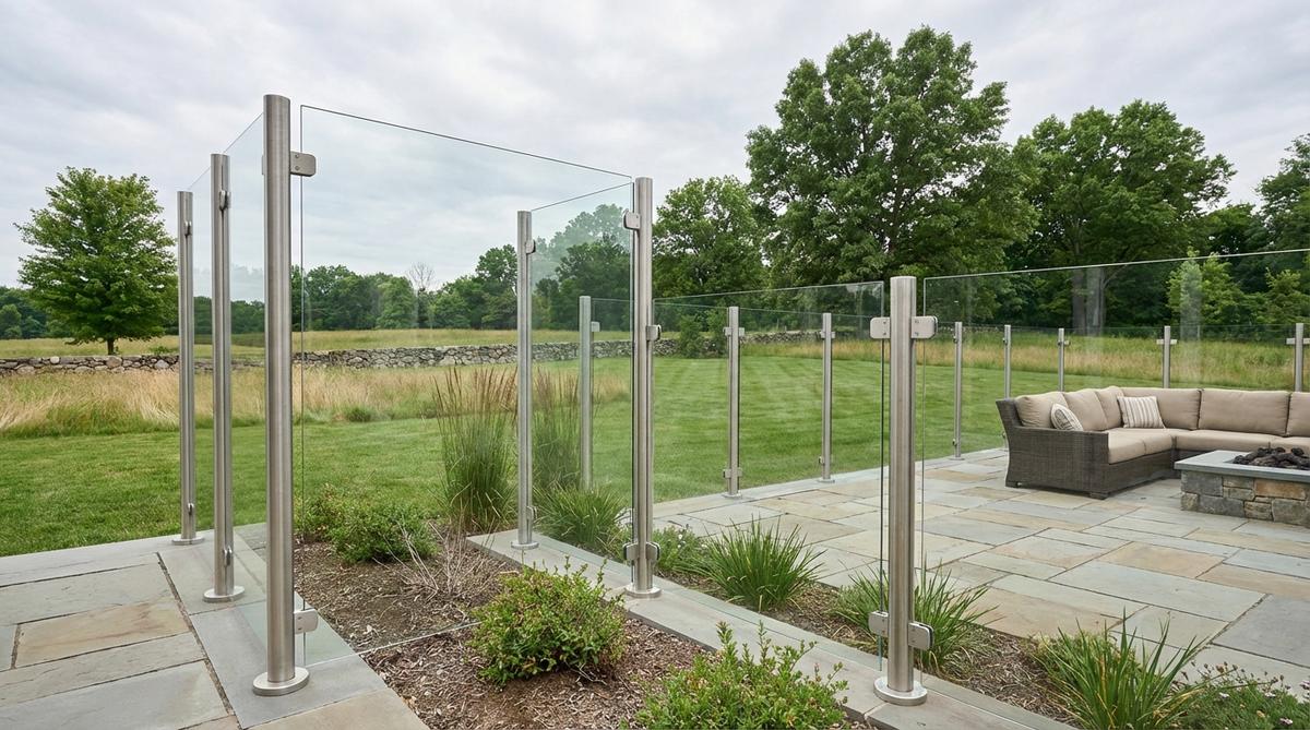 Frameless tempered glass windbreak panels installed with stainless steel posts in a contemporary garden setting, providing wind protection while maintaining transparent views of the landscape.
