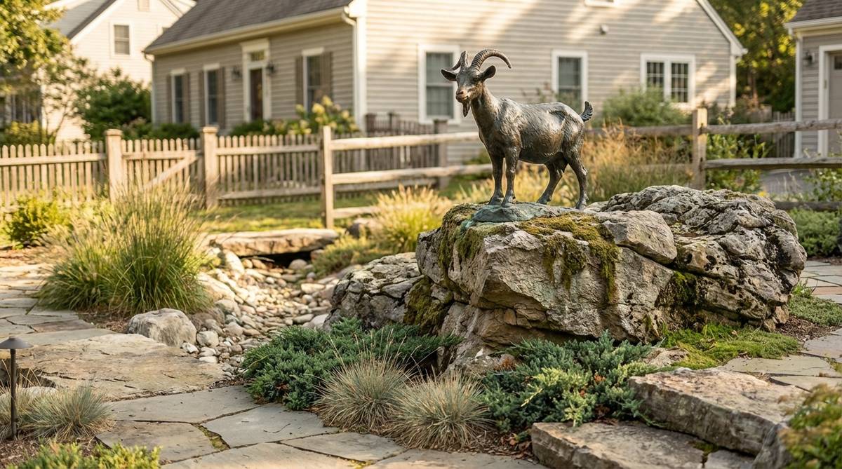 A goat sculpture standing on a rock, showcasing climbing ability and sure-footedness. This garden decor adds vertical interest to flat areas and commands attention with its elevated positioning on boulders or rock formations.