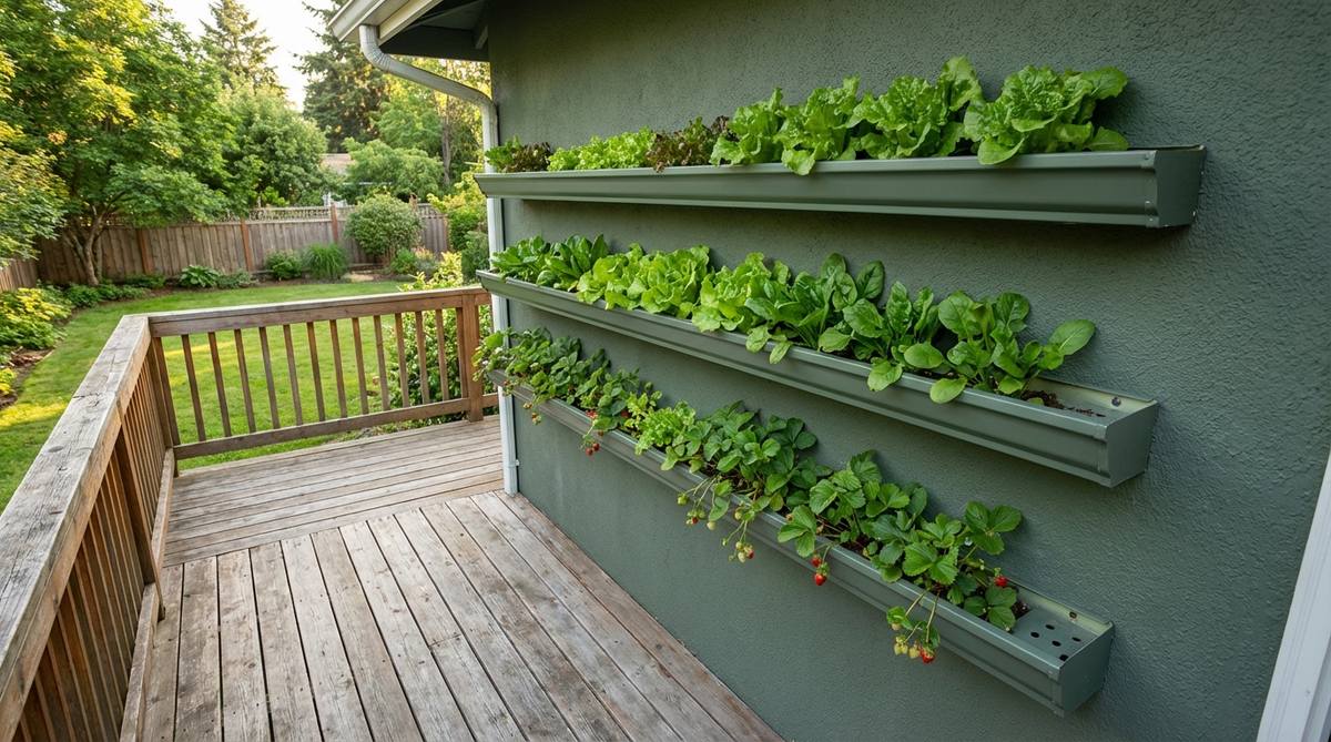 A photo showing repurposed vinyl or metal rain gutters used as horizontal planters on a balcony wall, featuring shallow-rooted plants like lettuce, spinach, and strawberries, with a slight slope for drainage and painted to match the balcony's color scheme, creating strong horizontal lines to balance vertical elements.