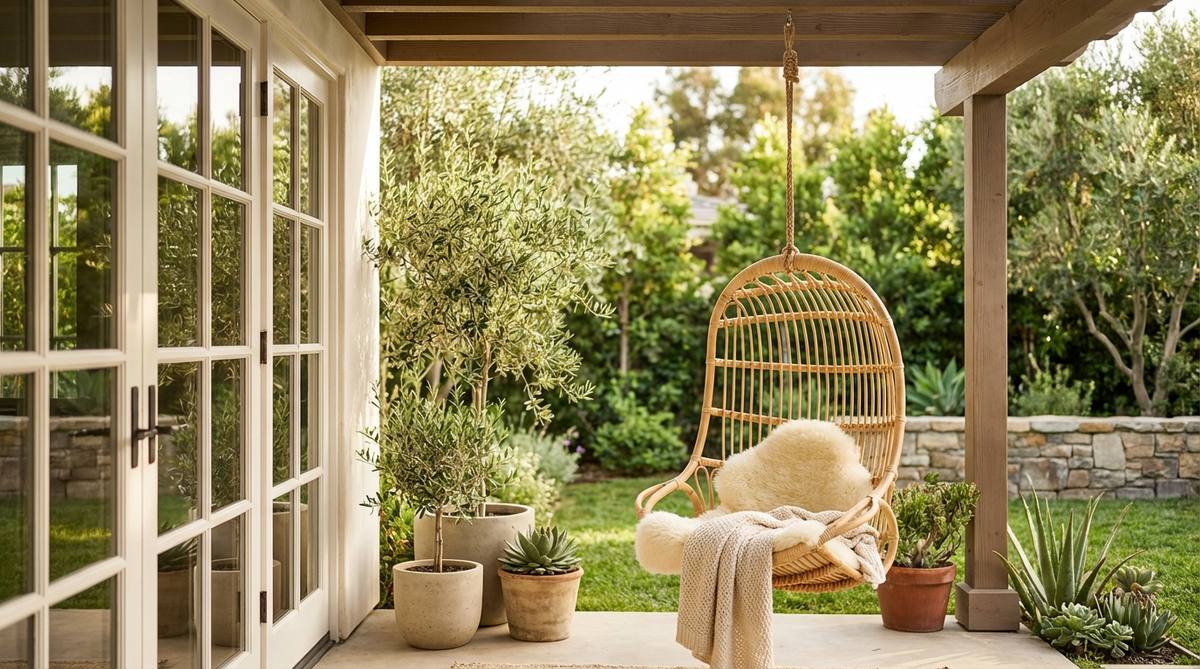 A suspended rattan or macramé hanging chair creating a focal point in modern boho decor. Positioned near windows with natural light, enhanced with a sheepskin cushion for comfort while maintaining its sculptural design.