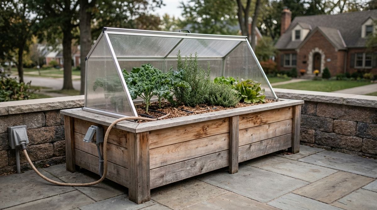 A heated winter planter with insulated box and heating cables, designed to extend the growing season for cold-hardy vegetables and herbs in balcony gardens during cold months.