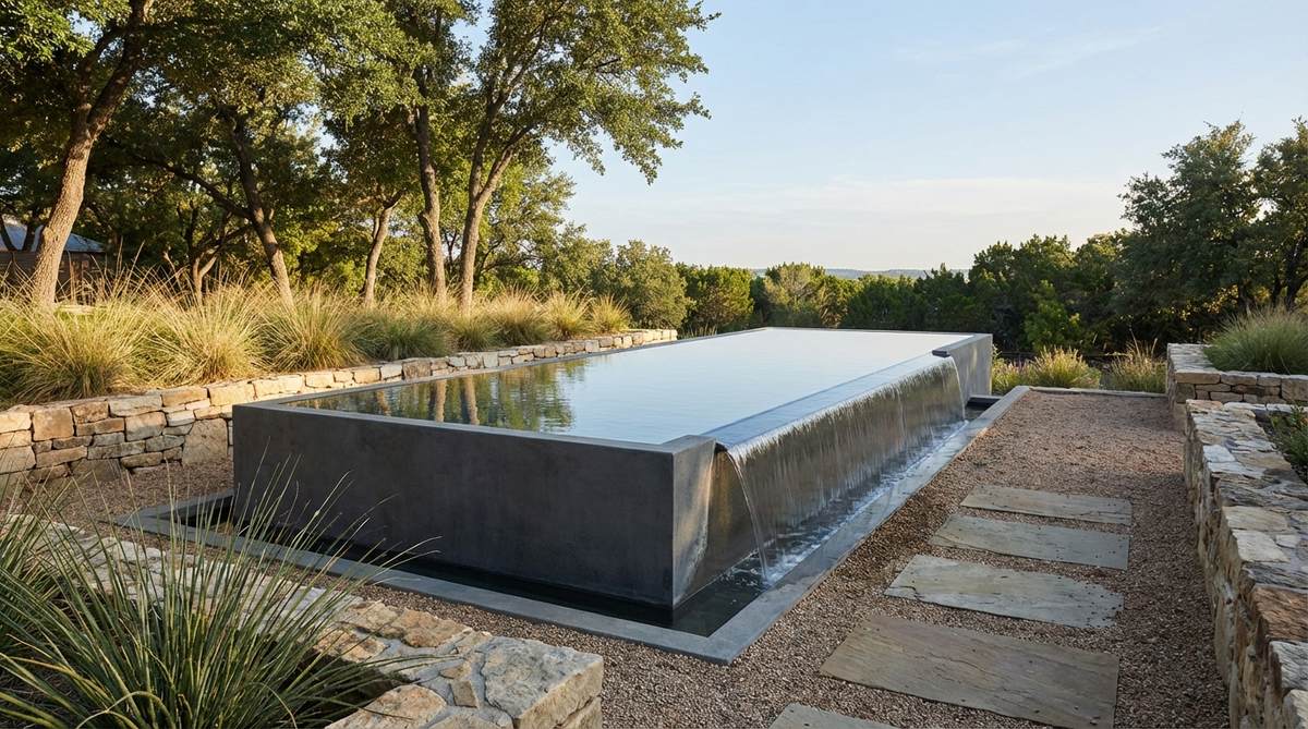 A minimalist garden featuring an infinity edge basin where water fills to the brim and spills over one edge, creating a horizon line that enhances the illusion of limitless space. The vanishing edge design works particularly well on sloped sites where water cascades downward, with hidden catch basins maintaining a seamless appearance.