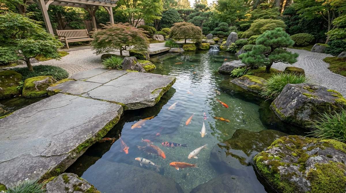 A serene koi pond in a zen garden, featuring colorful koi fish swimming lazily in irregularly shaped water with shallow and deep zones, edged with large flat overhanging stones for optimal viewing during meditation.