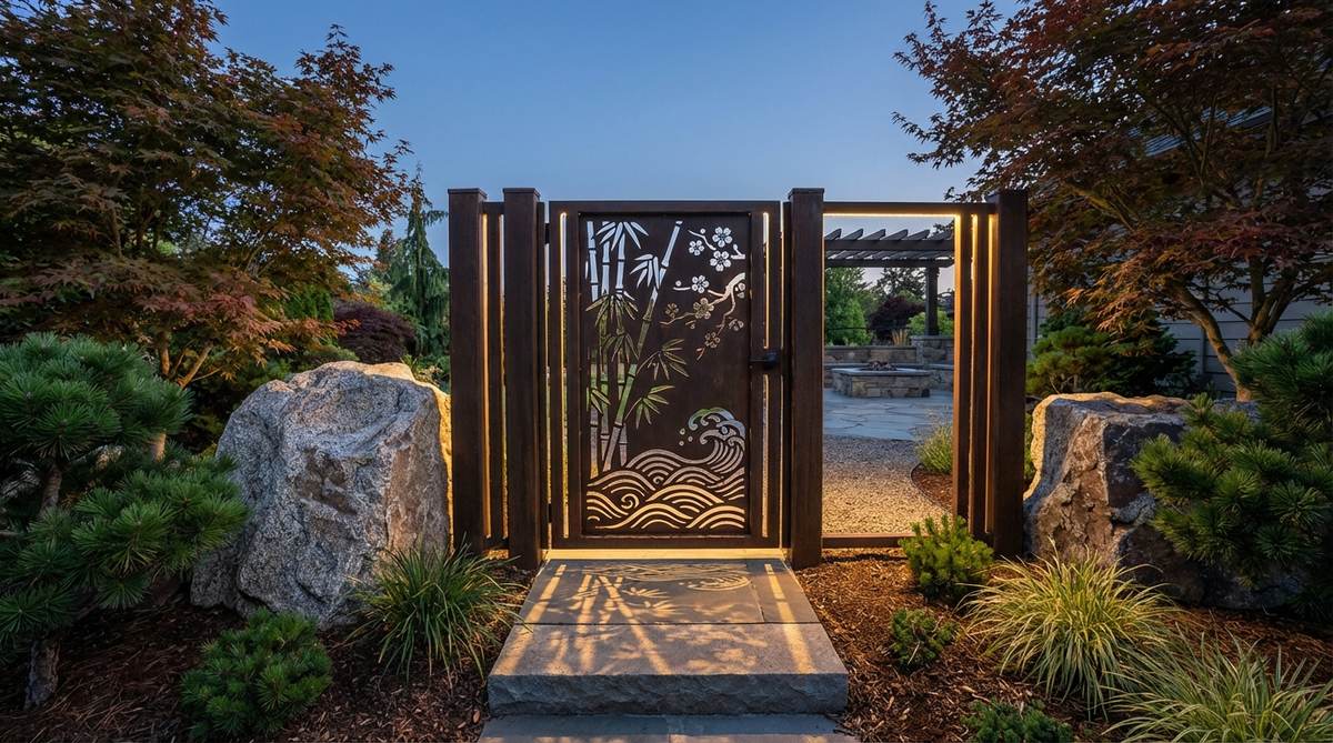 A contemporary Japanese garden gate featuring intricate laser-cut geometric patterns in steel or aluminum panels, showcasing traditional motifs like bamboo, waves, and cherry blossoms. The design balances structural integrity with artistic expression, suitable for backlit nighttime effects in landscape settings.
