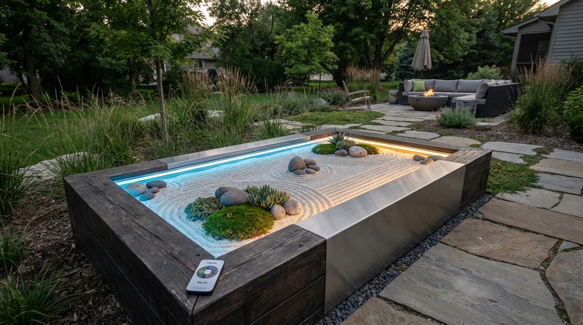 A modern mini zen garden featuring embedded LED strips beneath translucent sand, creating dynamic color-changing glow effects. The remote-controlled illumination offers blue light settings for morning focus and warm amber tones for evening relaxation, combining light therapy principles with traditional zen meditation practices.