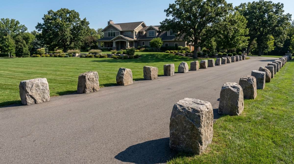 A formal garden with boulders arranged in a strict linear alignment, emphasizing sightlines and axes. The stones are of similar size and shape, creating consistency along the line, flanking a long driveway or defining property boundaries with rhythmic repetition and natural stone character.