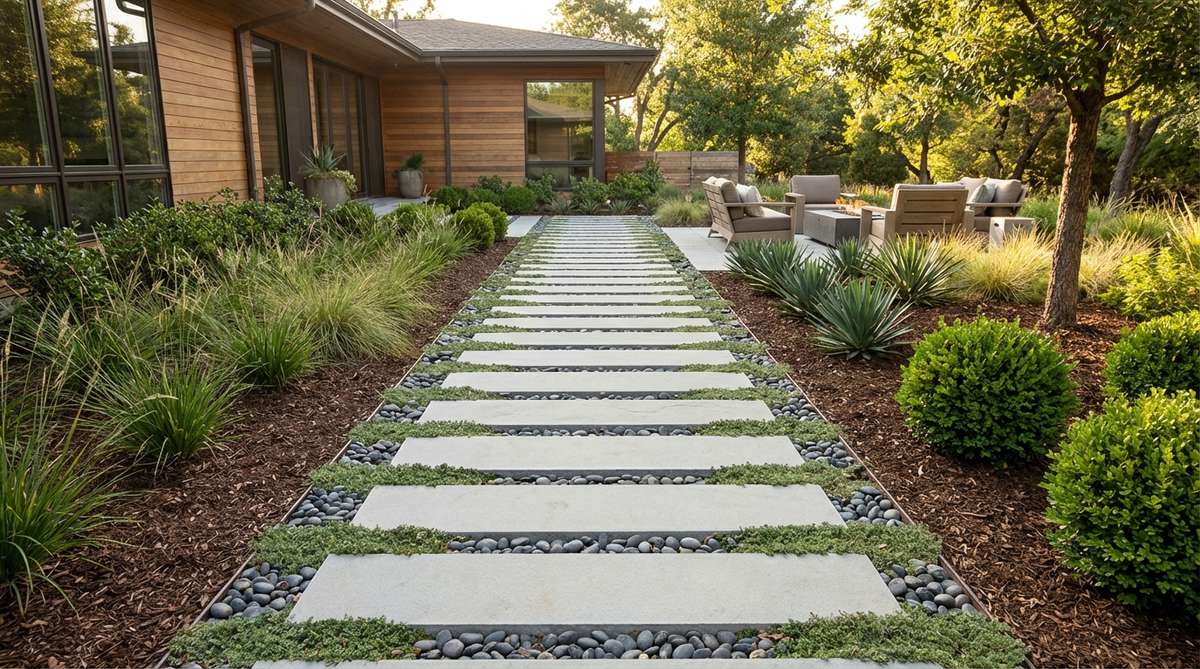 A contemporary garden pathway featuring long rectangular stone planks laid parallel, creating a sleek walkway with strong directional emphasis. The linear repetition guides movement while establishing visual rhythm, with stones cut to consistent 6-12 inch widths and 36-48 inch lengths for proportional harmony. This design minimizes joint lines perpendicular to traffic flow, creating smooth, uninterrupted surfaces that complement modern horizontal-lined architecture.