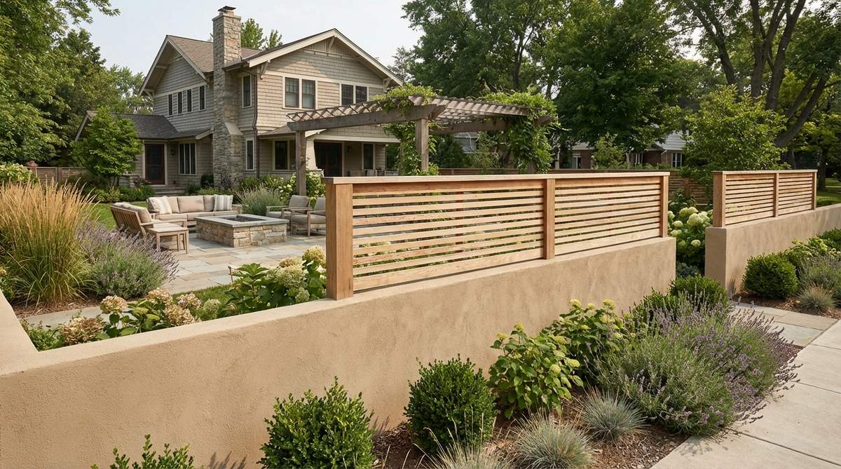 A layered garden fence design featuring a solid stucco wall base topped with a lighter fence section, combining boundary definition with privacy while complementing plantings and house exteriors.