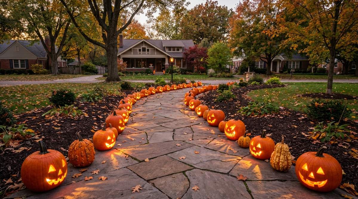 A traditional luminaria pathway featuring carved pumpkins or hollowed gourds with battery-operated tea lights, spaced at 2-3 foot intervals to cast decorative light patterns and guide visitors safely along outdoor walkways during fall.